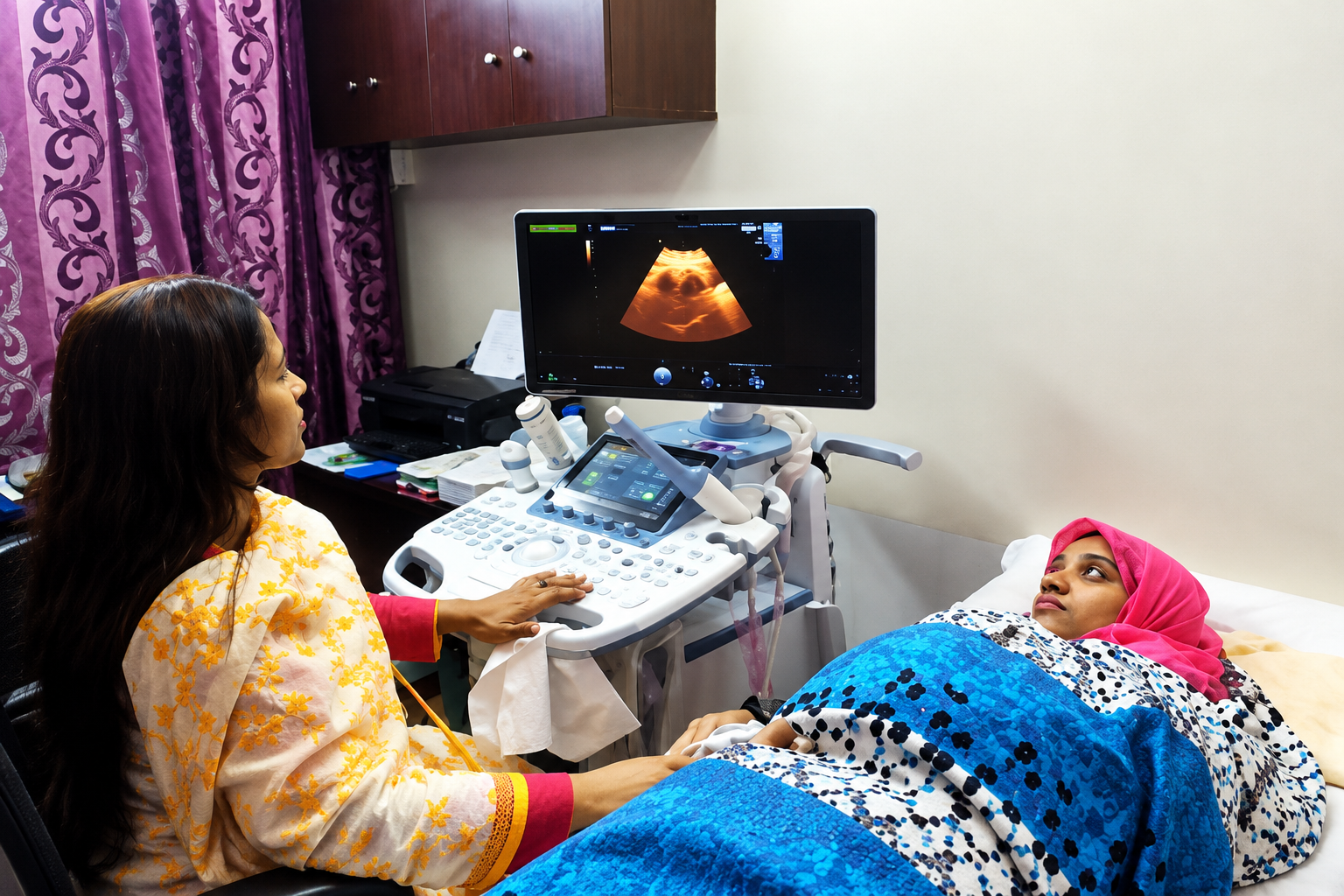 Ultrasound equipment displaying a scan during an examination